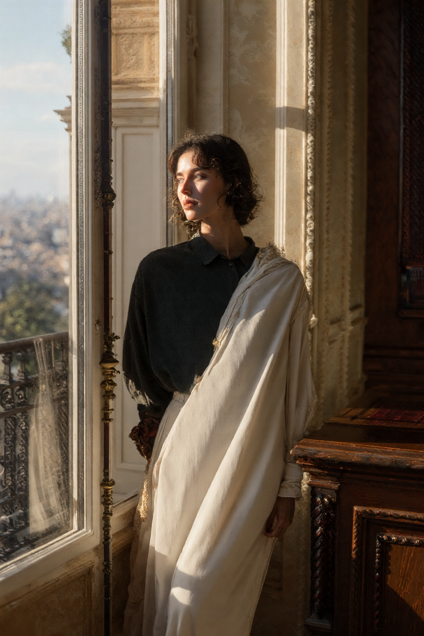A Russian woman in a refined editorial portrait